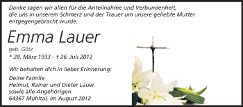 Traueranzeige von Emma Lauer von Echo-Zeitungen (Gesamtausgabe)
