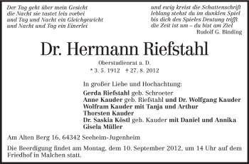 Traueranzeige von Hermann Riefstahl von Echo-Zeitungen (Gesamtausgabe)