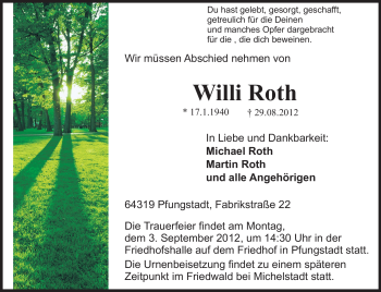Traueranzeige von Willi Roth von Echo-Zeitungen (Gesamtausgabe)