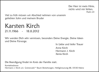 Traueranzeige von Karsten Kirch von Echo-Zeitungen (Gesamtausgabe)