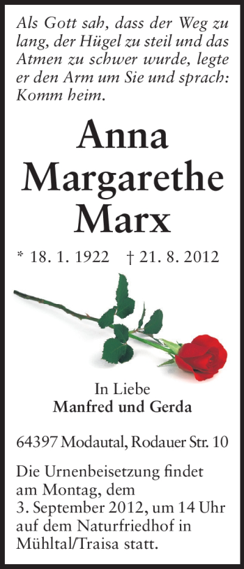 Traueranzeige von Anna Margarethe Marx von Echo-Zeitungen (Gesamtausgabe)