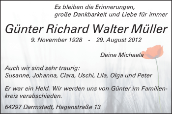 Traueranzeige von Günter Richard Walter Müller von Echo-Zeitungen (Gesamtausgabe)