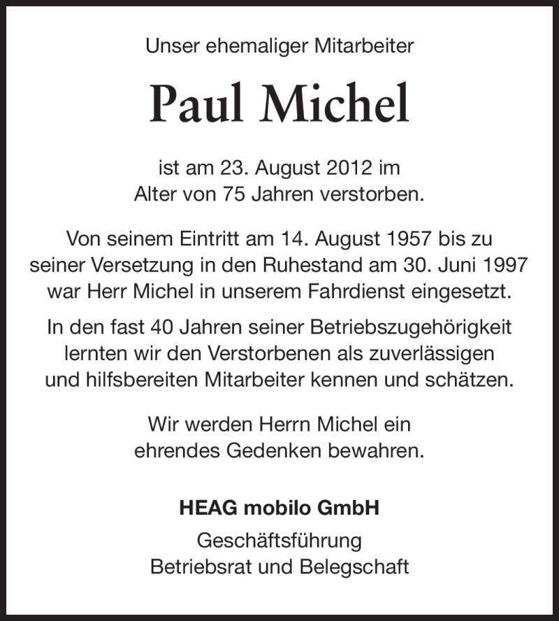  Traueranzeige für Paul Michel vom 01.09.2012 aus Echo-Zeitungen (Gesamtausgabe)