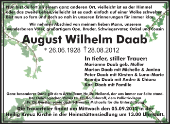 Traueranzeige von August Wilhelm Daab von Darmstädter Echo, Odenwälder Echo, Rüsselsheimer Echo, Groß-Gerauer-Echo, Ried Echo