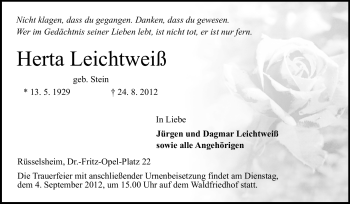 Traueranzeige von Herta Leichtweiß von Rüsselsheimer Echo, Groß-Gerauer-Echo, Ried Echo