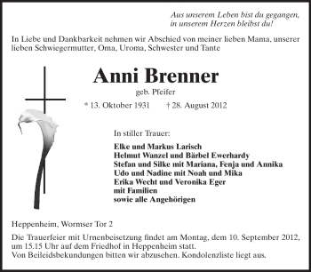 Traueranzeige von Anni Brenner von Starkenburger Echo