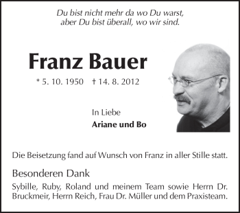 Traueranzeige von Franz Bauer von Starkenburger Echo