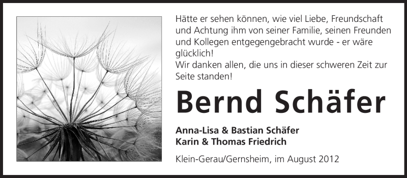  Traueranzeige für Bernd Schäfer vom 01.09.2012 aus Rüsselsheimer Echo, Groß-Gerauer-Echo, Ried Echo
