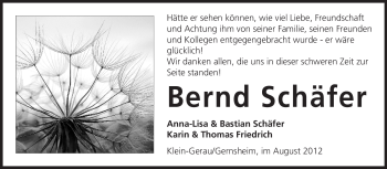 Traueranzeige von Bernd Schäfer von Rüsselsheimer Echo, Groß-Gerauer-Echo, Ried Echo