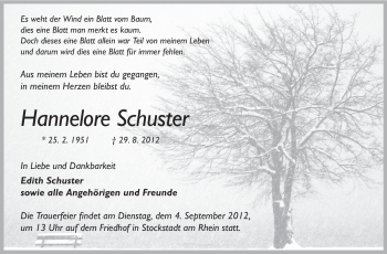 Traueranzeige von Hannelore Schuster von Rüsselsheimer Echo, Groß-Gerauer-Echo, Ried Echo