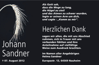 Traueranzeige von Johann Sandner von Rüsselsheimer Echo, Groß-Gerauer-Echo, Ried Echo