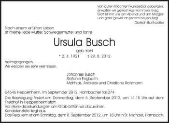 Traueranzeige von Ursula Busch von Starkenburger Echo, Bergsträßer Anzeiger