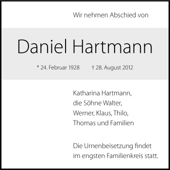 Traueranzeige von Daniel Hartmann von Echo-Zeitungen (Gesamtausgabe)