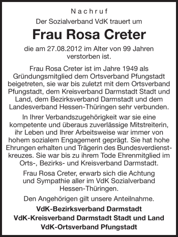 Traueranzeige von Rosa Creter von Echo-Zeitungen (Gesamtausgabe)