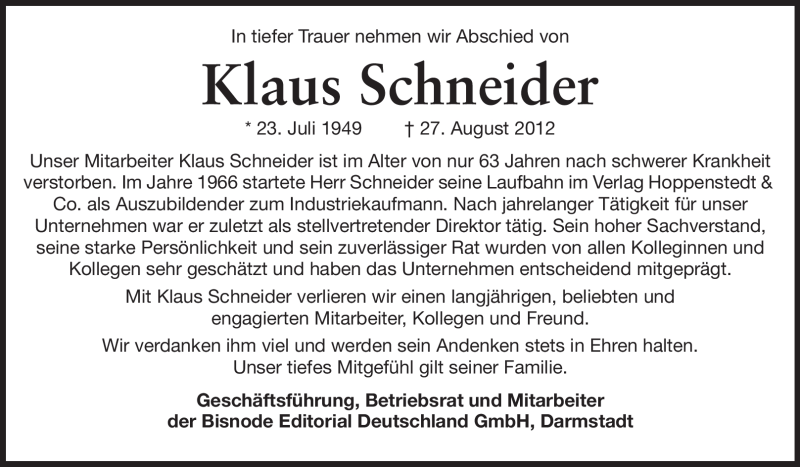  Traueranzeige für Klaus Schneider vom 01.09.2012 aus Echo-Zeitungen (Gesamtausgabe)