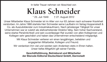 Traueranzeige von Klaus Schneider von Echo-Zeitungen (Gesamtausgabe)