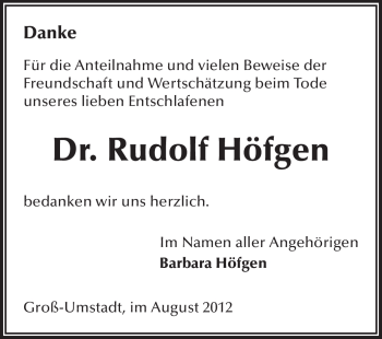 Traueranzeige von Rudolf Höfgen von Echo-Zeitungen (Gesamtausgabe)