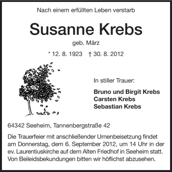Traueranzeige von Susanne Krebs von Echo-Zeitungen (Gesamtausgabe)