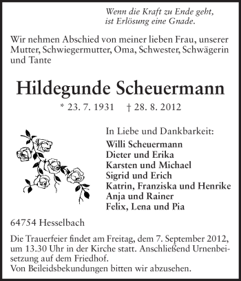 Traueranzeige von Hildegunde Scheuermann von Odenwälder Echo