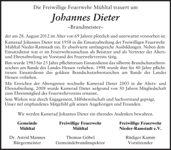 Traueranzeige von Johannes Dieter  von Echo-Zeitungen (Gesamtausgabe)