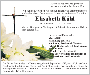 Traueranzeige von Elisabeth Kühl von Rüsselsheimer Echo, Groß-Gerauer-Echo, Ried Echo