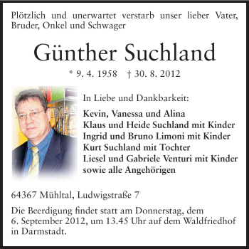 Traueranzeige von Günther Suchland von Echo-Zeitungen (Gesamtausgabe)