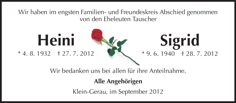  Traueranzeige für Heini Tauscher vom 04.09.2012 aus Rüsselsheimer Echo, Groß-Gerauer-Echo, Ried Echo