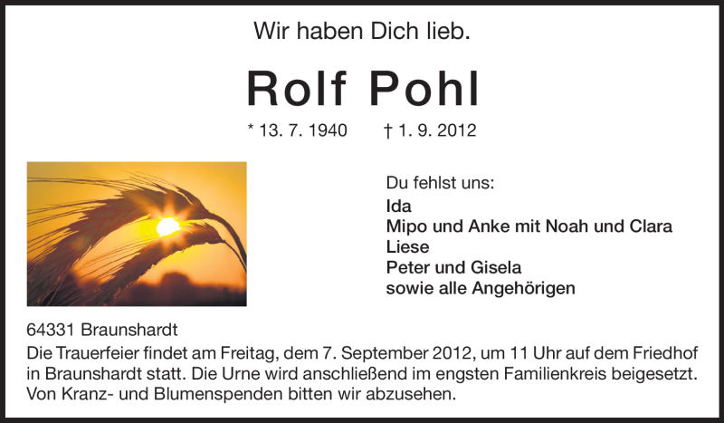  Traueranzeige für Rolf Pohl vom 04.09.2012 aus Echo-Zeitungen (Gesamtausgabe)