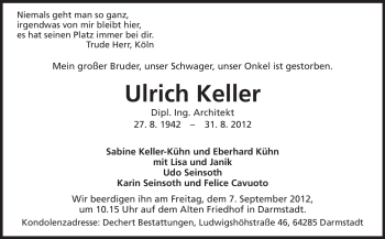 Traueranzeige von Ulrich Keller von Darmstädter Echo, Odenwälder Echo, Rüsselsheimer Echo, Groß-Gerauer-Echo, Ried Echo