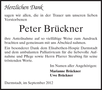 Traueranzeige von Peter Brückner von Echo-Zeitungen (Gesamtausgabe)