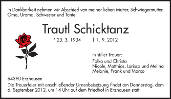 Traueranzeige von Trautl Schicktanz von Echo-Zeitungen (Gesamtausgabe)