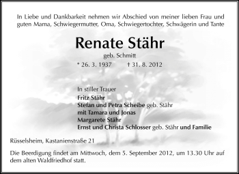 Traueranzeige von Renate Stähr von Rüsselsheimer Echo, Groß-Gerauer-Echo, Ried Echo