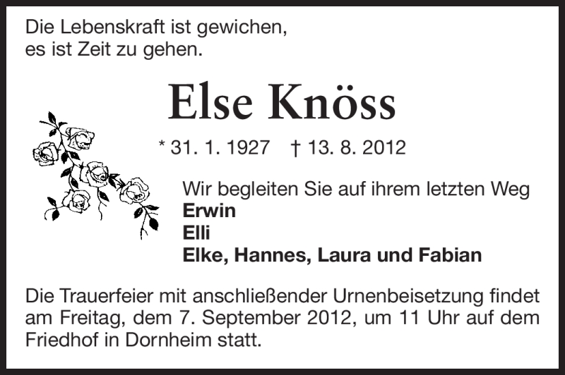  Traueranzeige für Else Knöss vom 05.09.2012 aus Rüsselsheimer Echo, Groß-Gerauer-Echo, Ried Echo