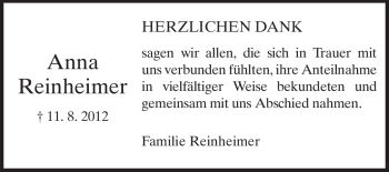 Traueranzeige von Anna Reinheimer von Echo-Zeitungen (Gesamtausgabe)