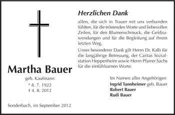 Traueranzeige von Martha Bauer von Starkenburger Echo
