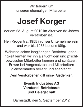 Traueranzeige von Josef Korger von Echo-Zeitungen (Gesamtausgabe)