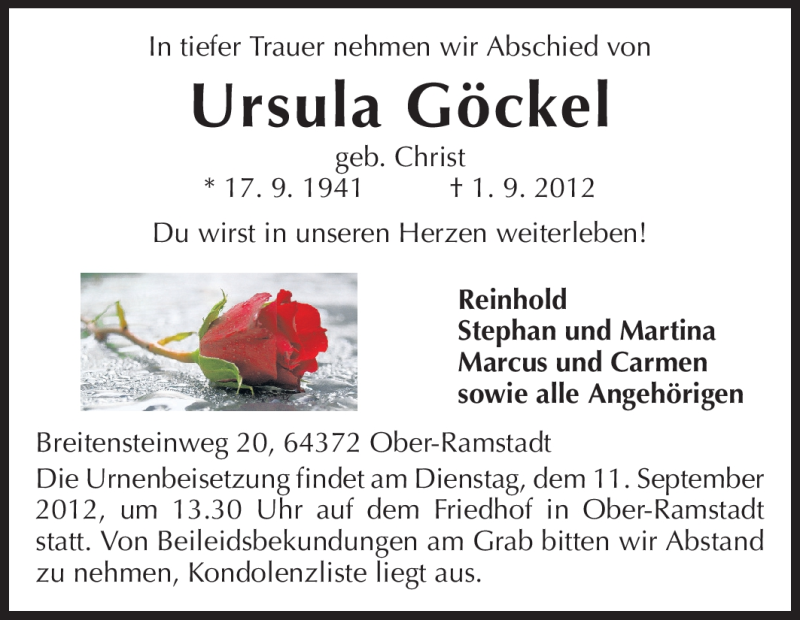  Traueranzeige für Ursula Göckel vom 08.09.2012 aus Darmstädter Echo, Odenwälder Echo, Rüsselsheimer Echo, Groß-Gerauer-Echo, Ried Echo