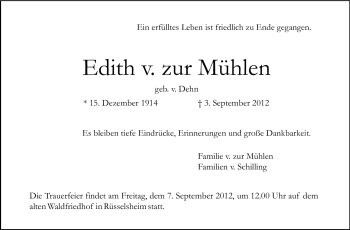 Traueranzeige von Edith zur Mühle von Rüsselsheimer Echo, Groß-Gerauer-Echo, Ried Echo