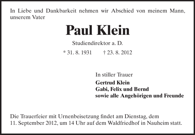  Traueranzeige für Paul Klein vom 08.09.2012 aus Rüsselsheimer Echo, Groß-Gerauer-Echo, Ried Echo