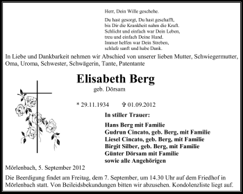 Traueranzeige von Elisabeth Berg von Starkenburger Echo