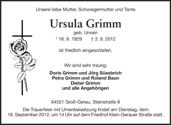 Traueranzeige von Ursula Grimm von Rüsselsheimer Echo, Groß-Gerauer-Echo, Ried Echo