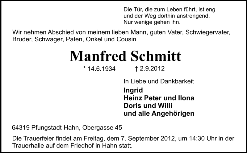  Traueranzeige für Manfred Schmitt vom 05.09.2012 aus Echo-Zeitungen (Gesamtausgabe)