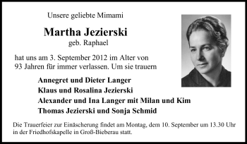 Traueranzeige von Martha Jezierski von Echo-Zeitungen (Gesamtausgabe)
