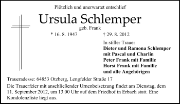 Traueranzeige von Ursula Schlemper von Odenwälder Echo