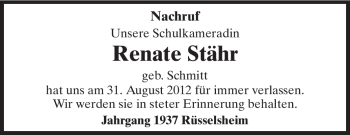 Traueranzeige von Renate Stähr von Rüsselsheimer Echo, Groß-Gerauer-Echo, Ried Echo