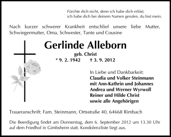 Traueranzeige von Gerlinde Alleborn von Starkenburger Echo