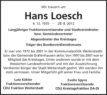 Traueranzeige von Hans Loesch von Echo-Zeitungen (Gesamtausgabe)
