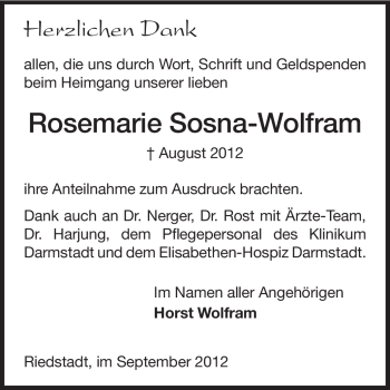 Traueranzeige von Rosemarie Sosna-Wolfram von Echo-Zeitungen (Gesamtausgabe)