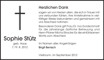 Traueranzeige von Sophie Stütz von Odenwälder Echo