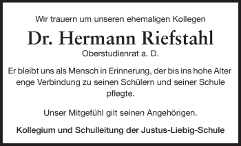 Traueranzeige von Hermann Riefstahl von Echo-Zeitungen (Gesamtausgabe)